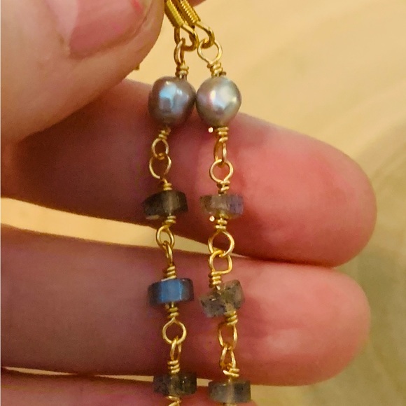 Handmade Pearl and Labradorite Dangle Earrings. 2 1/2” drop - Picture 5 of 7
